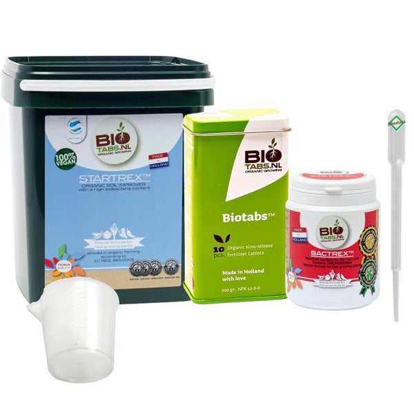 Biotabs Starterset für biologischen Anbau mit Startrex Bodenverbesserer, Biotabs Düngertabletten, Bactrex Bakterien, Messbecher und Pipette.