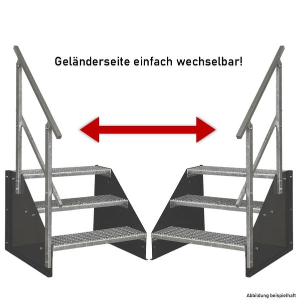 Außentreppe aus Stahl mit drei Stufen und einem Geländer, das wahlweise links oder rechts montiert werden kann.