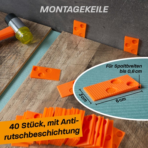 40 orange Montagekeile mit Antirutschbeschichtung für Bodenverlegung, 6 mal 3 Zentimeter, für Spaltbreiten bis 0,6 Zentimeter.