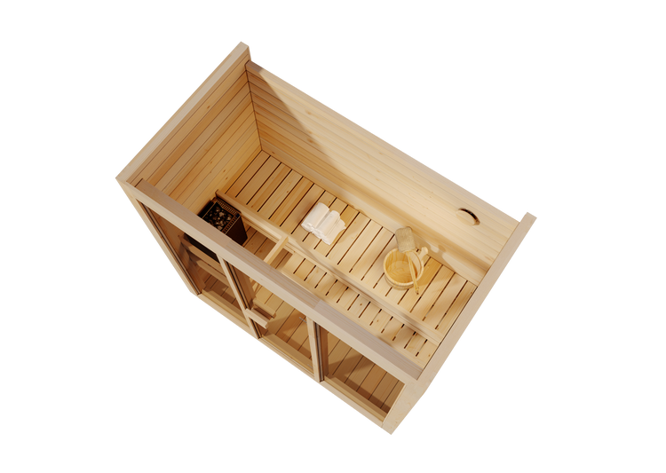 Draufsicht auf eine Holzsauna mit Glasfront, ausgestattet mit Saunaofen inklusive Steinen, Holzeimer mit Schöpfkelle und Handtüchern.