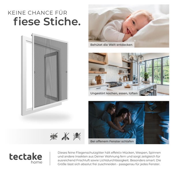 Fliegengitter mit Insektensymbolen und Anwendungsbeispielen für Babys, Küche und Schlafzimmer