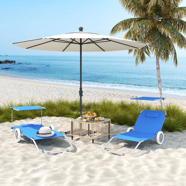 Outsunny 2er Set Sonnenliege klappbar Gartenliege mit Kopfkissen Dach, Rolle Liegestuhl mit verstellbare Rückenlehne, wetterfeste Campingliege, Gartenstuhl bis 120 kg belastbar, für Garten Pool, Blau