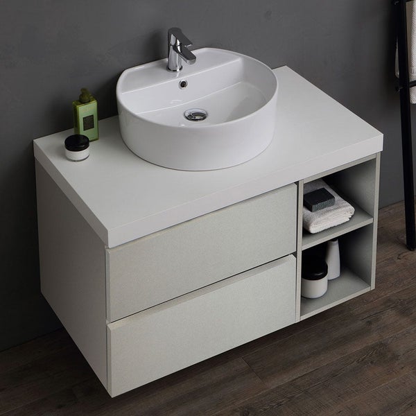 Waschtischunterschrank mit Aufsatzwaschbecken, zwei Schubladen und offenen Regalen für Badezimmer