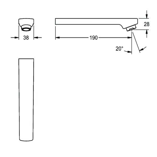 Maßzeichnung eines Wand-Auslaufs mit Angaben in Millimetern: Breite 38, Länge 190, Höhe 28 und Auslaufwinkel 20 Grad.