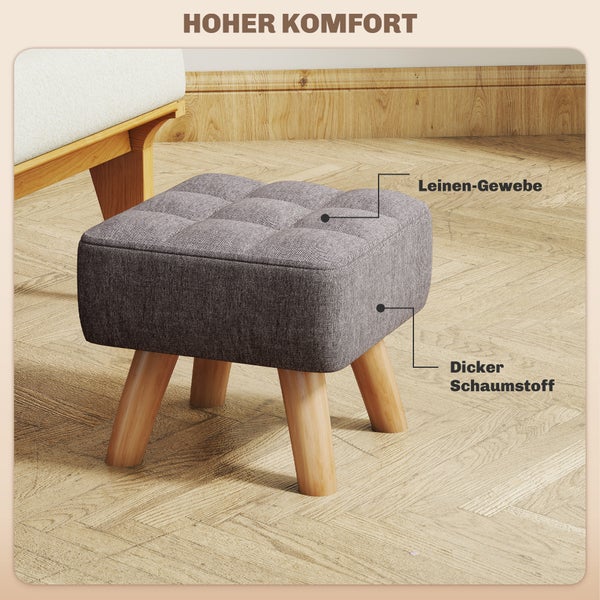 Gepolsterter Hocker mit Leinenbezug und Holzfüßen