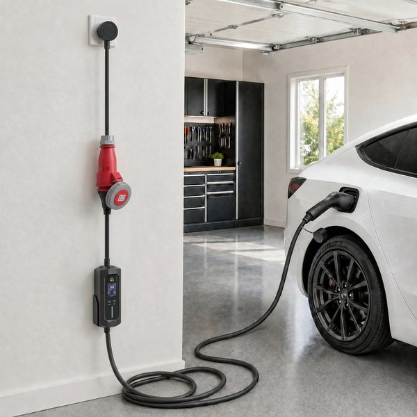 Elektroauto Ladegerät an einer Garagenwand angeschlossen, die ein Fahrzeug lädt, im Hintergrund eine Werkbank in einer aufgeräumten Garage.