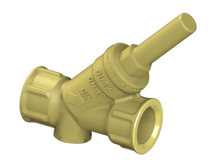 Schrägsitzventil aus Messing mit der Kennzeichnung DVGW Nennweite 15 DIN und einem Pfeil für die Durchflussrichtung.