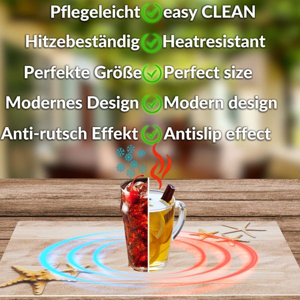 Pflegeleichte, hitzebeständige Glasplatte in perfekter Größe mit modernem Design und Anti-rutsch Effekt für Heiß- und Kaltgetränke.