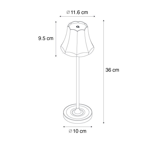 Maßzeichnung Tischleuchte: Höhe 36 Zentimeter, Schirmhöhe 9,5 Zentimeter, Schirmdurchmesser 11,6 Zentimeter, Fußdurchmesser 10 Zentimeter.