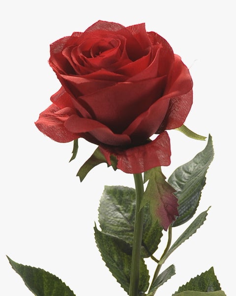 Künstliche rote Rose mit grünem Stiel und Blättern aus Textilgewebe.