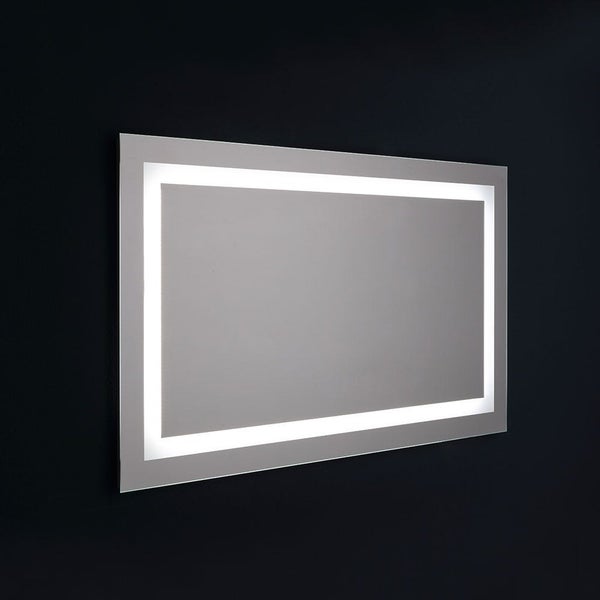 Rechteckiger Badspiegel mit integrierter LED-Beleuchtung und umlaufendem Lichtrahmen zur Wandmontage.