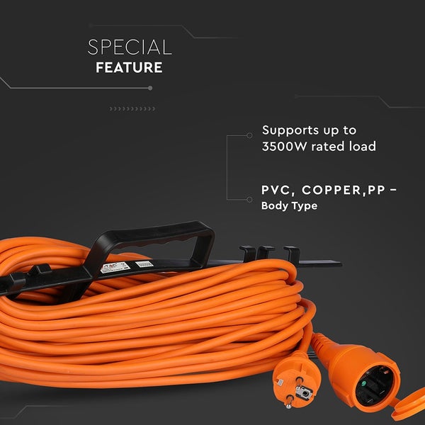 Oranges Verlängerungskabel auf Wickelhilfe, Belastbarkeit bis zu 3500 Watt, aus Polyvinylchlorid, Kupfer und Polypropylen.