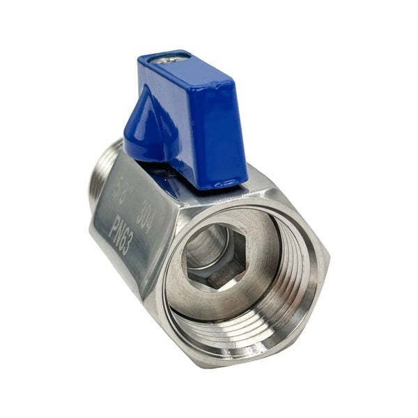 Mini-Kugelhahn aus Edelstahl 304 mit blauem Flügelgriff, Nenndruck 63, 5/8 Zoll.