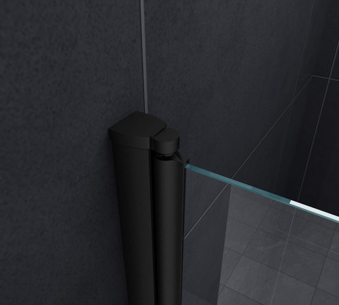 Detailaufnahme einer Duschkabine mit schwarzem Rahmen und klarem Glas