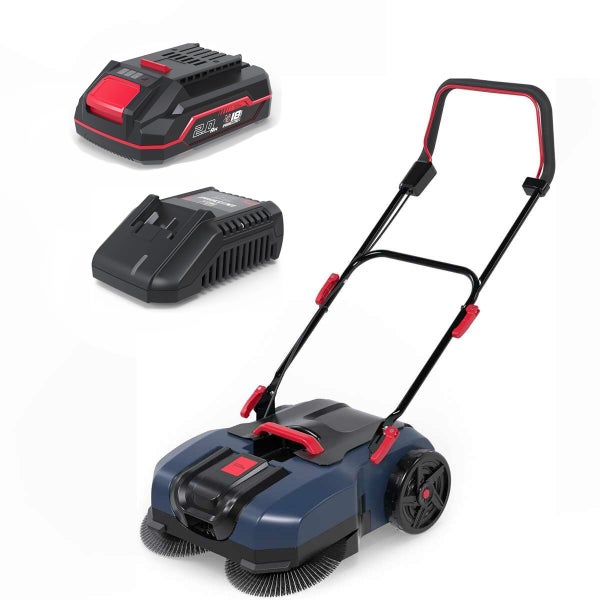 Akku-Kehrmaschine mit 18 Volt Lithium-Ionen-Akku 2,0 Amperestunden und Ladegerät für die Reinigung von Gehwegen und gepflasterten Flächen.