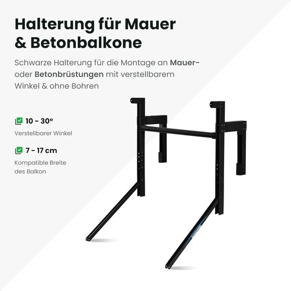 Schwarze Metallhalterung für Mauer- und Betonbalkone, ohne Bohren, Winkel 10 bis 30 Grad, für 7 bis 17 Zentimeter Balkonbreite.
