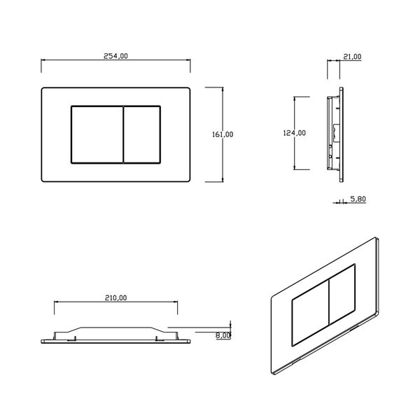 Technische Zeichnung einer Betätigungsplatte mit Maßangaben