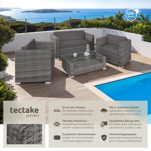 Rattan Lounge tectake München mit Sicherheitsglasplatte mit Aluminiumgestell grau