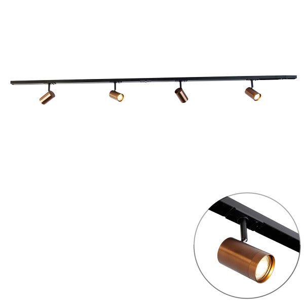 Schienensystem mit vier verstellbaren bronzefarbenen Strahlern an einer schwarzen Schiene, inklusive Detailansicht eines Spots.