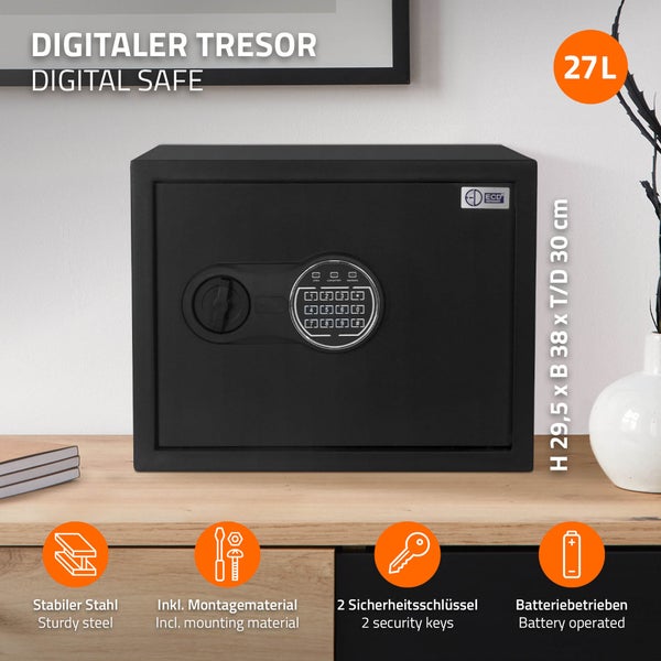 ECD Germany Safe Tresor 27L 38x30x29,5cm, stabiler Stahl, Wandtresor mit Sensorlicht & Digitale Tastatur für Schmuck Bargeld Dokumente, Elektronischer Möbeltresor Geldkassette mit PIN-Code, Schlüssel