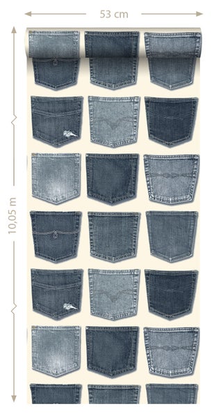 Tapetenrolle mit Jeans Hosentaschen Muster, 53 cm breit, 10,05 m lang