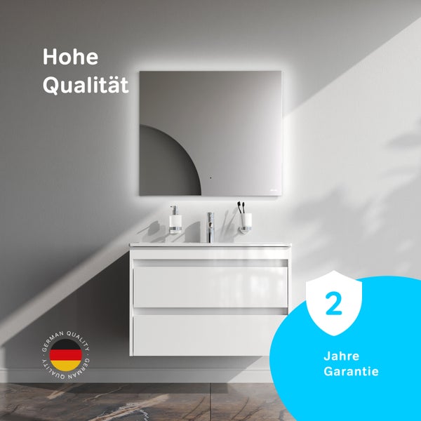 Waschtischkombination mit Spiegel und Unterschrank im modernen Badezimmerdesign. Qualitätssiegel: German Quality. Garantie: Zwei Jahre.