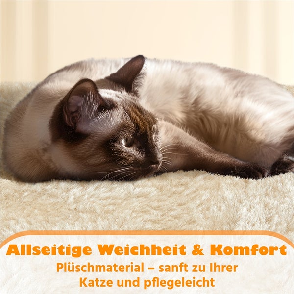 Eine Siamkatze ruht auf einem flauschigen Katzenbett.