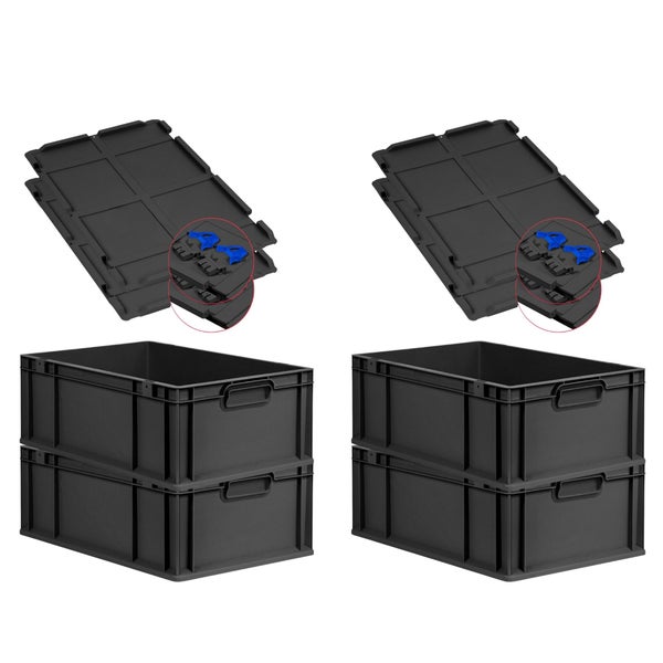 PROREGAL SuperSparSet 4x Eurobox NextGen Grip mit Scharnierdeckel und blauen Schiebeschnappverschlüssen, HxBxT 22x40x60cm, 44 Liter, Schwarz, Griffe geschlossen, Verstärkter Boden, Eurobehälter, Transportbox, Transportbehälter, Stapelbehälter