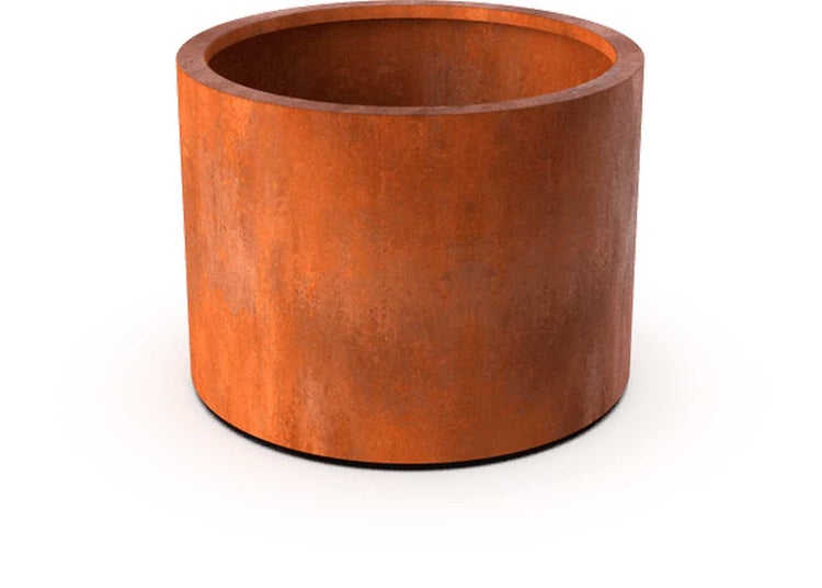 Zylindrischer Pflanzkübel aus Metall mit einer Oberfläche in Edelrost-Optik.