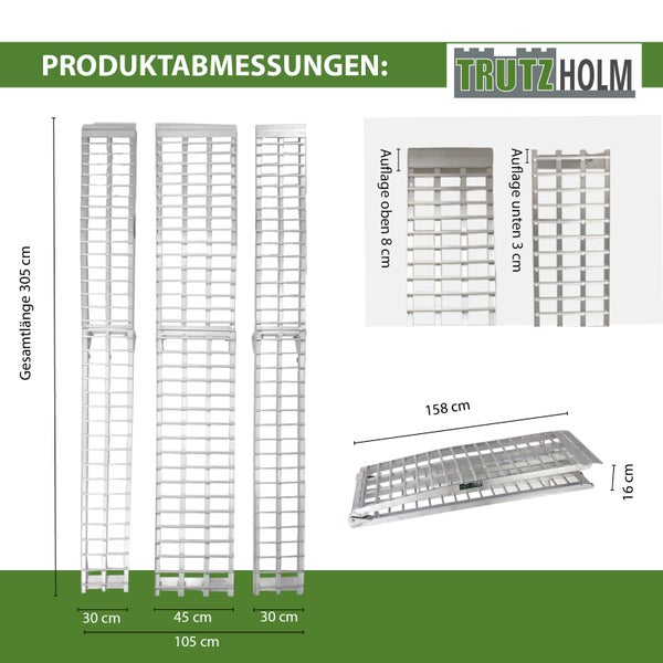 TRUTZHOLM Auffahrrampe 3-teilig klappbar 305 cm Alu grau Motorradrampe Verladerampe Pickup Rampe