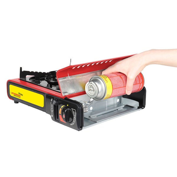 Tragbarer Gaskocher mit Tragekoffer geöffnet