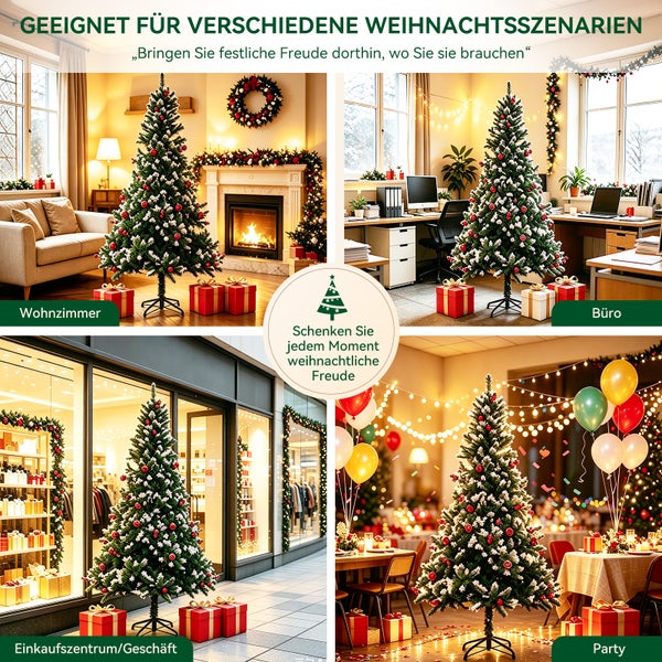Vier Szenarien für künstliche Weihnachtsbäume in Wohnzimmer, Büro, Geschäft und auf einer Party zur Dekoration in festlicher Umgebung.