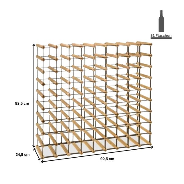 PROREGAL Modulares Weinregal Vinotega Mod Metal HxBxT 92,5 x 92,5 x 24,5 cm 9 x 9 Flaschen Massives Kiefernholz Braun Geölt