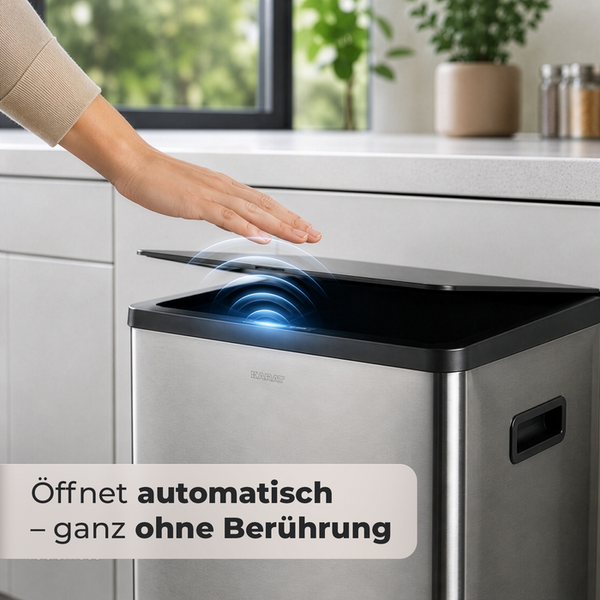 Edelstahl-Mülleimer von Karat mit Bewegungssensor, der sich automatisch und berührungslos durch eine Handbewegung öffnet.