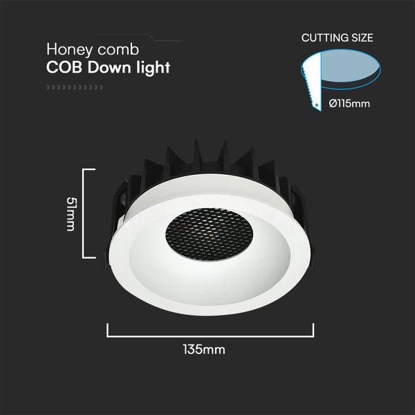 Honeycomb COB Downlight mit den Maßen 51 mm Höhe, 135 mm Länge und einem Zuschnittmaß von 115 mm Durchmesser.