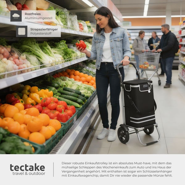 Frau mit Einkaufstrolley im Supermarkt mit Aluminiumgestell und Polyesterstoff