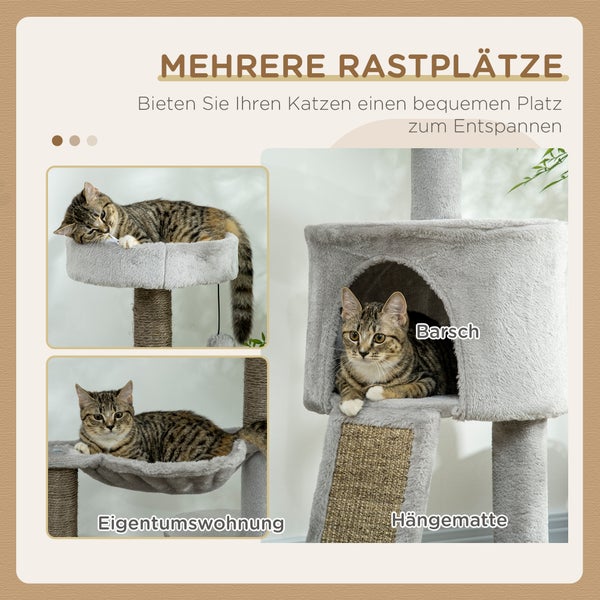 PawHut Kratzbaum Katzenkratzbaum mit Sisalsäule Katzenhöhle 113 cm Katzenbaum mit Rampe Spielbaum mit Katzenspielzeug Hängematte Hellgrau