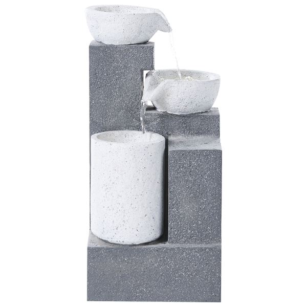 Moderner Kaskadenbrunnen in Steinoptik mit drei Ebenen und Wasserlauf über dekorative Schalen.