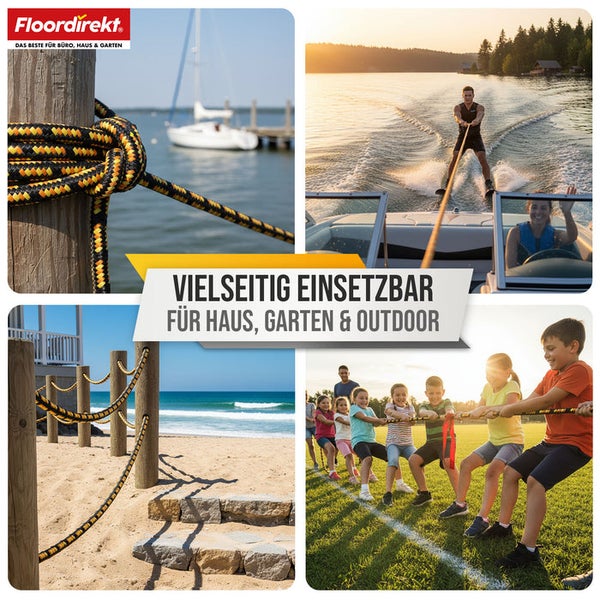 Collage mit verschiedenen Einsatzmöglichkeiten von Seilen für Haus, Garten und Outdoor Aktivitäten