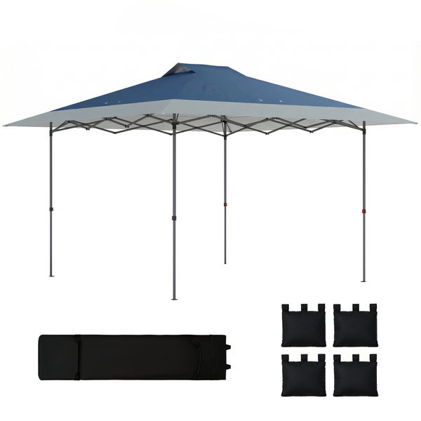 Faltpavillon mit blau-grauem Dach, Metallgestell, inklusive schwarzer Tragetasche und vier Gewichtssäcken.