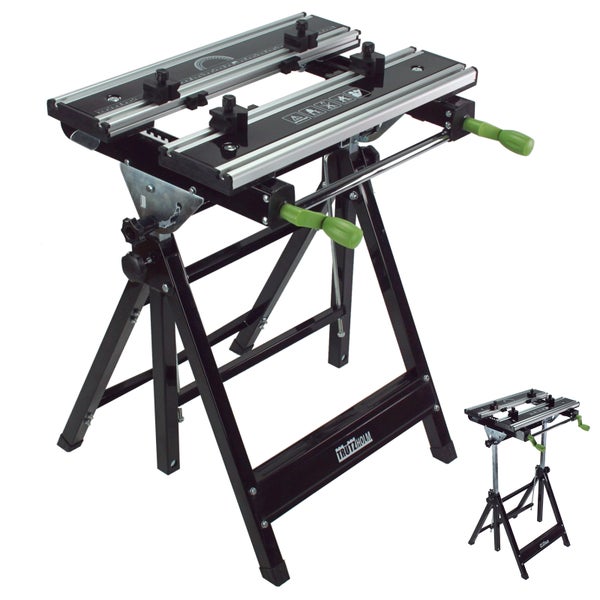 Trutzholm Werkbank mit verstellbaren Spannbacken und klappbarem Metallgestell für Heimwerker.