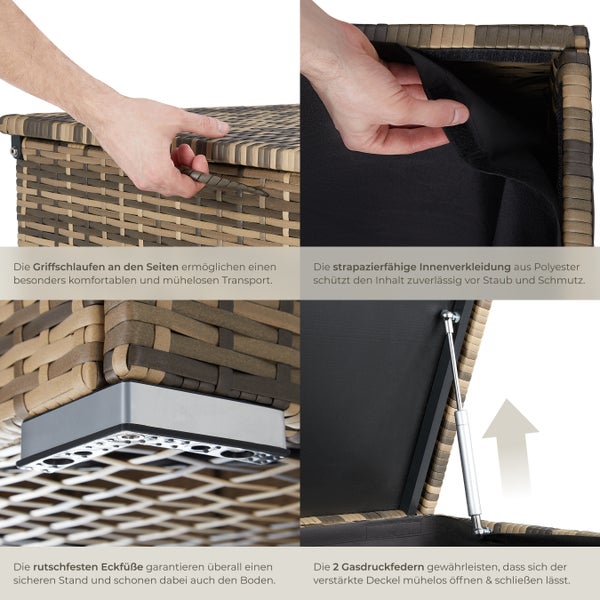 Auflagenbox tectake Oslo 145 x 82,5 x 79,5 cm 750 l, mit Aluminiumgestell und Rattangeflecht natur
