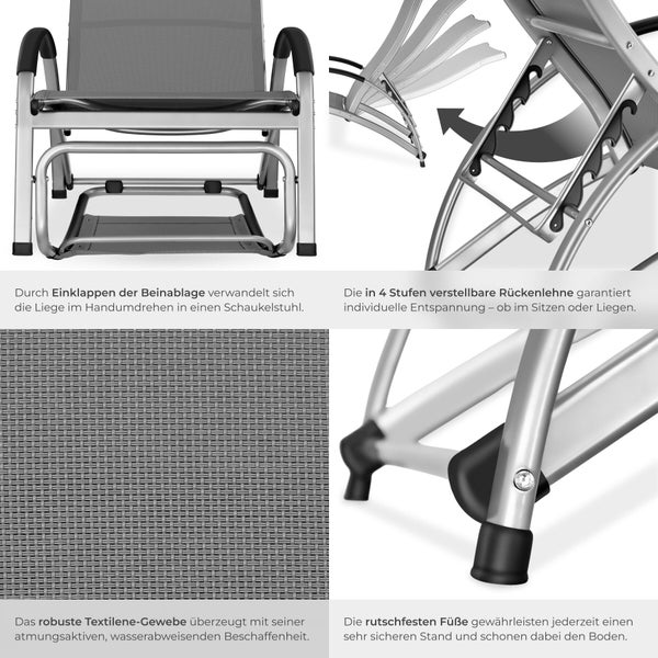 Detailansichten einer grauen Sonnenliege mit Textilbespannung und verstellbarer Rückenlehne