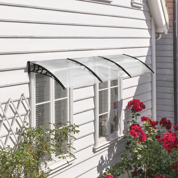 Outsunny Vordach für Haustür Überdachung 90 x 295 cm, Pultbogenvordach mit UV-Schutz, Haustürdach Sonnenschutz aus Polycarbonat Regenschutz für Outdoor, Weiß
