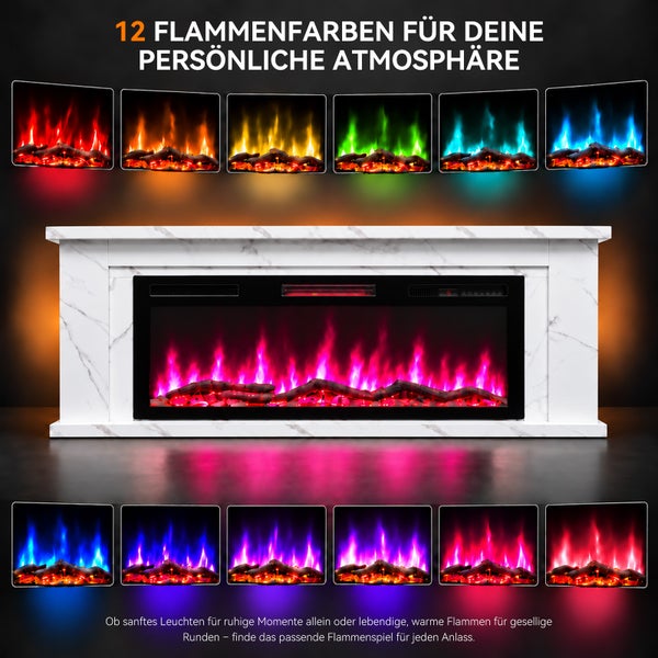 Elektrischer Kamin mit weißer Marmoroptik und 12 verschiedenen Flammenfarben für eine individuelle Atmosphäre im Raum.
