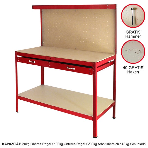 Werkbank mit Stecktafel und Schublade Rot