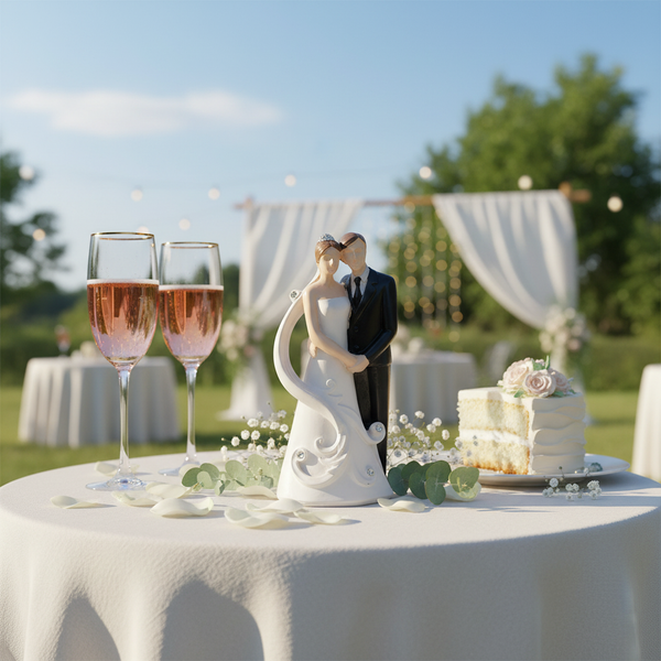 Hochzeitstisch-Dekoration mit Brautpaar-Figur, Sektgläsern und einem Stück Hochzeitstorte im hellen Außenbereich.