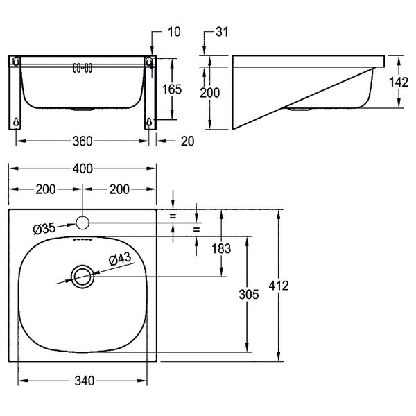 Technische Zeichnung eines Waschbeckens mit Maßangaben in Millimetern, Breite 400 Millimeter und Tiefe 412 Millimeter.