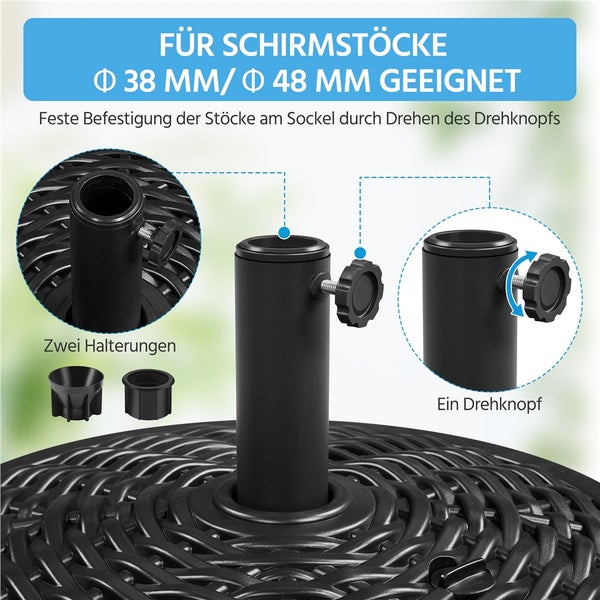 Details eines schwarzen Sonnenschirmständers aus Rattan mit Drehknopf und zwei Halterungen