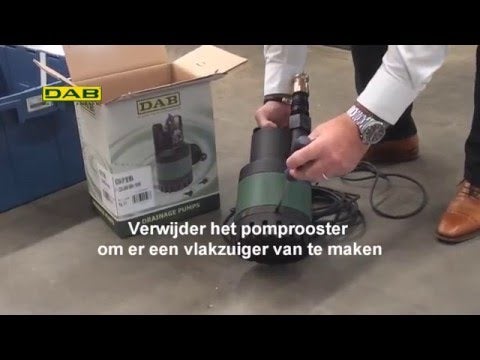 DAB Logo. Tauchpumpe mit geöffneter Verpackung.